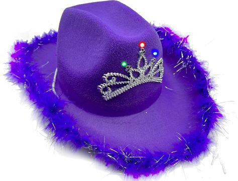 PRICES MAY VARY. Brand new Fantastic Quality Western Cowboy Hat Great accessory for any Adult Western Cowboy costume This posting includes: Light Up cowboy hat with tiara as featured Please note that only the items listed above are included. This light up cowboy hat is an awesome accessory with a spiced up flare that will make you stand out when the lights go down! This cowboy hat features a tiara and is also trimmed with marabou feathers around the brim! This is great on its own, but could be e Purple Cowboy Hat, Light Up Cowboy Hat, Marabou Feathers, Cowboy Costume, Western Cowboy Hats, Feather Trim, Cowboy Hat, Western Cowboy, Tiara