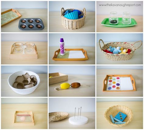 Montessori Toddler Work 15 to 20 months Montessori Work, Montessori Infant Room, Montessori Trays, Montessori Shelf, Maluchy Montessori, Montessori Lessons, Montessori Playroom, Practical Life Activities, Montessori Room