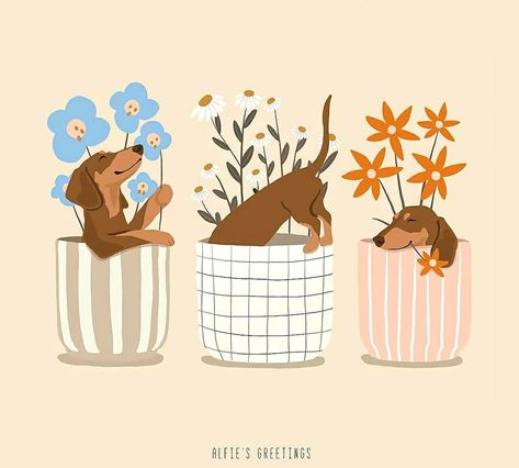 Dog Cooking Illustration, Daschund Illustration Cute, Weener Dogs Drawing, Dog And Flowers Illustration, Dachshund Dog Illustration, Cute Dachshund Drawings, Dachshund Illustration Drawings, Dog With Flowers Drawing, Daschund Drawing