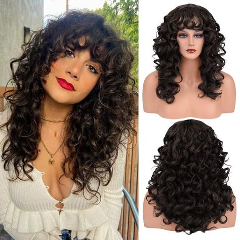 PRICES MAY VARY. 🌹[Trendy Curly Shag Haircut Wig] Adds tons of soft texture, volume, and movement to the tresses. It frames any face shape and highlights your best features. The more tousles, the more effortless it appears 🌹[Natural Looking Synthetic Wig] Made from premium heat-friendly synhtetic fiber, easy-care, holds the style, natural and soft just like your own human hair, providing volume and fullness without adding weight 🌹[Comfortable and Secure Fit] The upgraded elastic & breathable Spiral Perm With Bangs, Layered Chunky Curls With Bangs, Dark Brown Curly Shag, Type 3 Curly Hair Bangs, Long Wolf Cut Wavy/curly Hair, Curly Shag Haircut, Hair Due, Curly Hair With Bangs, Hair Replacement