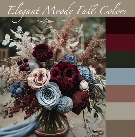 Elegant Moody Fall/Winter Color Palette with Hex, CYMK, and RGB Codes  Elevate your wedding's aesthetic with our carefully curated wedding color palette inspired by timeless shades of deep maroon, muted blue, and elegant neutrals. Perfect for couples seeking a sophisticated, moody ambiance, this palette will bring a harmonious blend of romance and understated elegance to your big day. Whether you're planning your floral arrangements, stationery, or table settings, these colors set the tone for a Fall Black Wedding Color Schemes, Golden Hour Color Palette Wedding, Maroon Teal Color Palette, Maroon Blue Color Palette, Fall Wedding Colors With Blue, March Wedding Color Palette, Fall Wedding Palette Colour Schemes, Burgundy And Blue Color Palette, Gothic Colour Palette