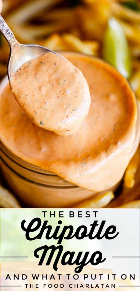 The Best Chipotle Mayo from The Food Charlatan. Learn how to make easy Chipotle Mayo recipe! You are going to want to put this homemade sauce on EVERYTHING you guys. It is the best secret sauce for so many Mexican inspired meals! Chipotle mayo is creamy and smooth, with a little bit of heat from the chipotles and a touch of smokey flavor from the peppers themselves and additional smoked paprika. Then put. it. on. everything. I've got tons of ideas in the post for what to use it with! Homemade Chipotle Sauce, Chipotle Mayo Sauce, Sauce For Tacos, Chipotle Mayo Recipe, Chipotle Sauce Recipe, Slow Cooker Pork Tacos, Sandwich Spreads, Homemade Chipotle, Mayo Recipe