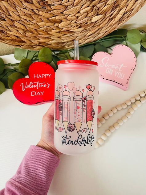 Teacher Valentines, Teacher Valentine Gifts, Gifts Teacher, Custom Cups, Valentines Diy, Glass Cup, Custom Items, Happy Valentines Day, Happy Valentine