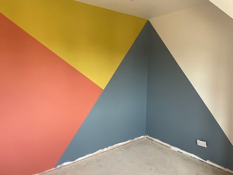 Denim Drift, Golden Sands and Blood Orange with Jasmine White 👌🏻 Orange Study Room, Colour Block Painting Walls, Orange And Blue Walls, Orange Playroom, Yellow Boys Bedroom, Boys Room Colors, Denim Drift, Boy Room Paint, Childrens Bedrooms Design