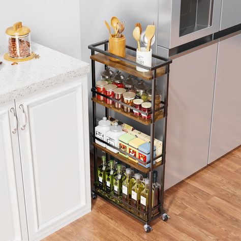 PRICES MAY VARY. 5.9 in Width for Narrow Place: This slim storage cart, sized at 16.5"D x 5.9"W x 35.6"H, effortlessly fits into narrow space between cabinets and refrigerators, washers and dryers, desks and walls, providing extra storage space Versatile storage cart: Featuring 4-layer shelves of different heights, this spice organizer cart offers ample storage capacity for various items. Store go-to spices, oils, wine, dry goods, and more in the kitchen, or toiletries in the bathroom. The open Kitchen Cart Organization, Small Kitchen Organization Storage, Small Kitchen Organization Cabinets, Tiny Space Organization, Tiny Kitchen Storage Ideas, Storage For Small Kitchen, Kitchen Rolling Cart, Small Apartment Kitchen Storage Ideas, Apartment Kitchen Storage