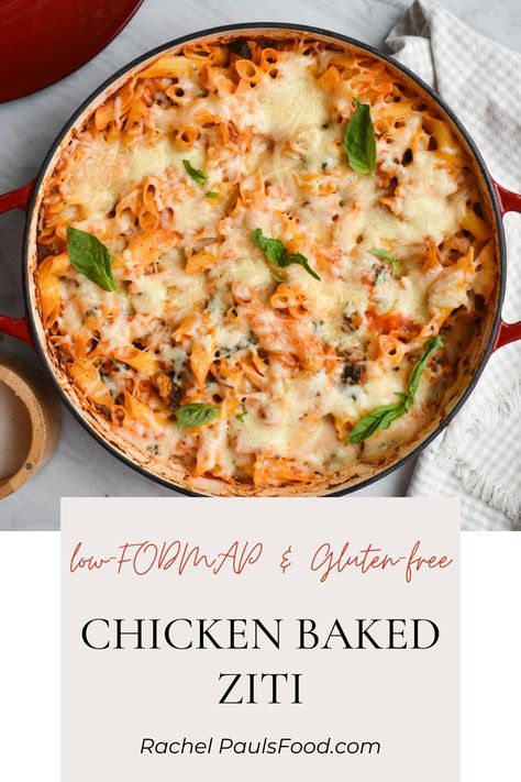 Easy Low-FODMAP & Gluten-free Chicken Baked Ziti Casserole | Dr. Rachel Pauls Low Fodmap Pasta Bake, Low Fodmap Recipes Gluten Free, Low Fodmap Chicken Crockpot Recipes, Low Fodmap Football Food, Instant Pot Recipes Low Fodmap, Low Fodmap Chicken Casserole, Ibs Meals Dinners, Low Fodmap One Pan Meals, Low Fodmap Low Histamine Recipes