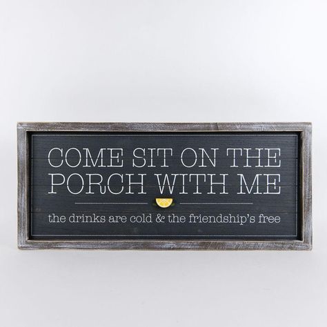 This reversible wood framed sign "Come sit on the porch with me. The drinks are cold & the friendship's free" is just what you want for your Summer decor! Using its multicolors, it will look great either be hanging or freestanding and will definitely add a blooming touch to your home. Dimensions: 24" wide, 10" high, and 1.5" thick Early Summer Decor, Large Porch Signs, Simple Summer Decor, Back Porch Decorating, Outside House Decor, Country Wood Signs, Cricut Patterns, Cricut Signs, Diy Backyard Patio