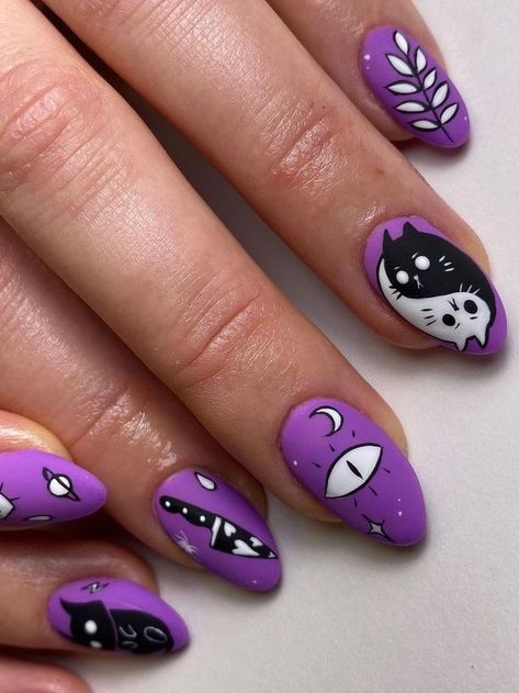 Horror Nails, Black Halloween Nails, Holloween Nails, Halloween Acrylic, Witchy Nails, Halloween Acrylic Nails, Anime Nails, Goth Nails, Cat Nails