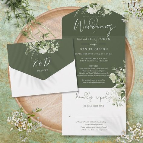 Olive Green Greenery Floral Details RSVP Wedding All In One Invitation Olive Green Weddings, Green Wedding Inspiration, Qr Code Wedding, Floral Wedding Invitation Suite, Wedding Autumn, Rsvp Online, Country Garden Weddings, Rsvp Wedding, Budget Wedding Invitations