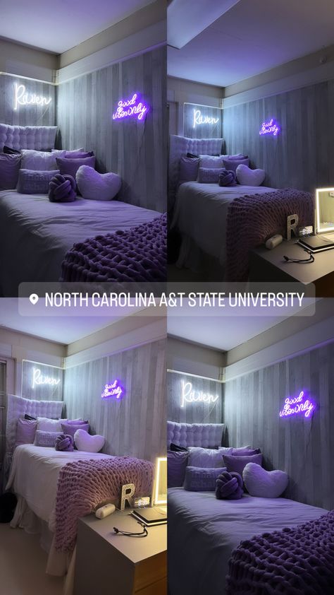 dorm, purple dorm, pillows, comfy Purple Room Theme Ideas, Grey And Purple Dorm Room, College Apartment Bedroom Decorating Small Rooms Organization Ideas, Grey Dorm Aesthetic, Lavender And Grey Dorm Room, Pretty Dorm Room Aesthetic, Luxurious Dorm Rooms, Black And Purple Dorm Room Ideas, Silver Dorm Room Ideas