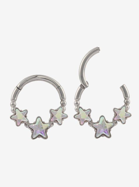 Set of 2 silver-tone hinged clickers with triple star gem designs. Jewelry care: Wash with antibacterial soap and warm water. Piercing care: Wash hands thoroughly  then clean piercing with H2Ocean (sold separately) or saline solution. Piercing Ideas Septum, Cute Septum Nose Rings, Nose Piercing And Septum Combo, Star Septum Ring, Cute Jewelry Silver, Cute Septum Piercing Jewelry, Septum Jewelry Aesthetic, Cool Septum Jewelry, Cute Septum Piercing