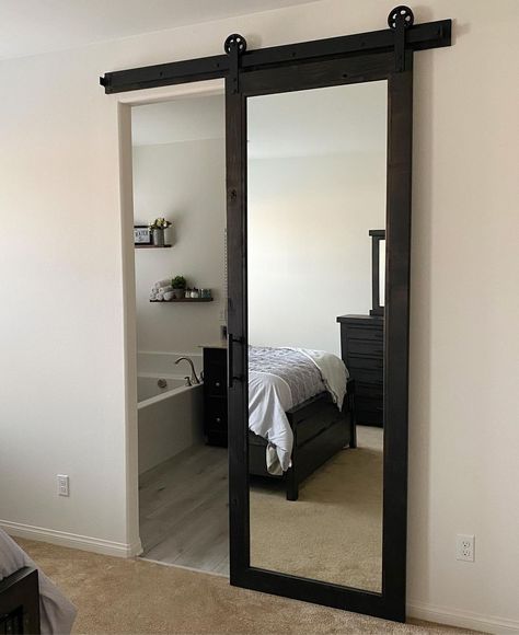 Barn Doors & More, Inc.’s Instagram profile post: “• Knotty Alder Mirror Barn Door • Basic Hardware • Hanson Handle for a master bedroom/bathroom • Installed by customer 🛠 #madeinusa…” Mirror Sliding Door, Mirror Barn Door, Bedroom Barn Door, Sliding Mirror Door, Bathroom Barn Door, Detail Arsitektur, Mirror Closet Doors, Bedroom Redesign, Barn Door Closet