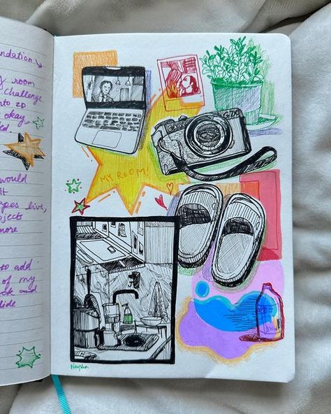 naysha satyarthi on Instagram: "started a new journal, I’m not sure i like the personality I’ve chosen for this journal but hey not a bad first page right??? A little break from my painting posts hope yall don’t mind👉🏽👈🏽 #sketch #sketches #doodle #draw #drawing #art #artist #artsy #aesthetic #aesthetics #journal #journaling #notes #london #londonart" Drawing Of A Journal, Journal Ideas Sketch, Lenanorah Journal, Art Journal First Page, Journal Sketch Ideas, Diary First Page, Sketch Book First Page, First Page Of Diary Ideas, Journal First Page Ideas