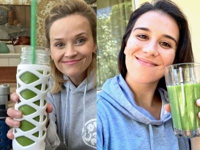 How to make Reese Witherspoon's favorite breakfast drink - Insider Reese Witherspoon Instagram, Morning Green Smoothie, Green Monster Smoothie, Morning Shakes, Green Breakfast Smoothie, Green Breakfast, Protein Shake Smoothie, Kale Smoothie, Healthy Green Smoothies