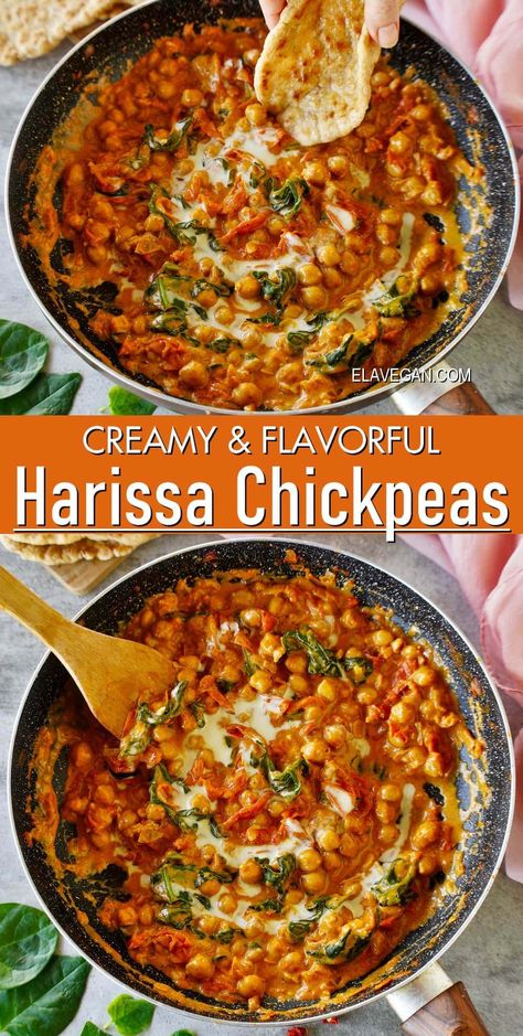 Prepare a cozy harissa chickpea stew that's comforting and delicious! This one-pot meal is packed with protein and fiber, thanks to chickpeas simmered in a creamy, spicy tomato harissa sauce with spinach. Harissa Chickpeas, Ella Vegan, Vegan Chickpea Recipes, Harissa Sauce, Vegan Stew, Spiced Chickpeas, Chickpea Stew, Vegan Side Dishes, Pea Recipes