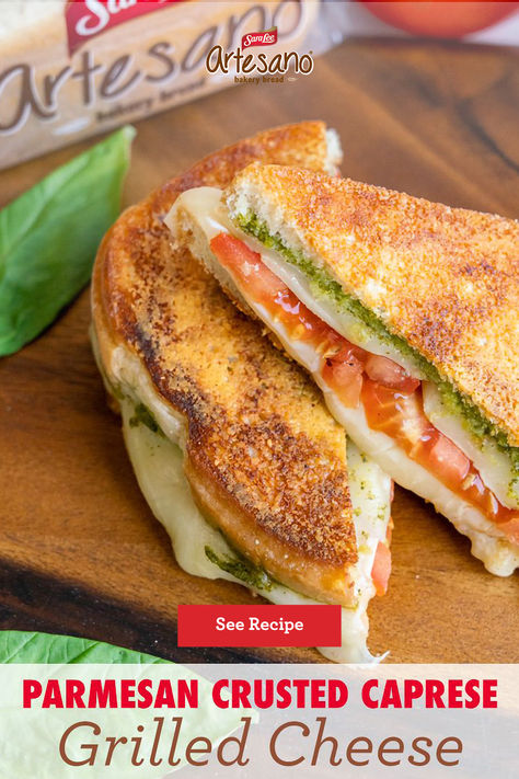 This Parmesan Crusted Caprese Grilled Cheese is delicious from the inside out. Layer Mozzarella, tomatoes soaked in balsamic and pesto spread between slices of Sara Lee Artesano Bread topped with butter, Parmesan and garlic powder and prepare to be amazed. Parmesan Crusted Caprese Grilled Cheese, Caprese Grilled Cheese, Sara Lee, Grilled Cheese Recipes, Parmesan Crusted, Cheese Recipe, Cheese Sandwich, Grilled Cheese Sandwich, It Goes On