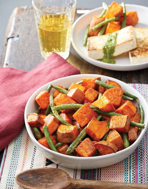 Roasted Sweet Potatoes & Green Beans Recipe Sweet Potato And Green Bean Recipes, Roasted Green Beans And Sweet Potatoes, Roasted Sweet Potato And Green Beans, Green Bean And Sweet Potato Recipes, Green Beans Sweet Potato, Nutrient Dense Side Dishes, Green Bean Sweet Potato Recipes, Sweet Potato And Green Beans, Green Beans And Sweet Potatoes