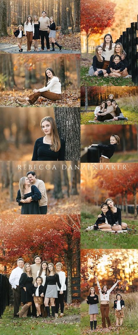 collage from Family photo session in the late fall with red and orange leaves. Big Family Holiday Photos, Fall Family Photos 7 People, Diy Fall Pictures Family, Family Fall Photoshoot With Teenagers, Fall Family Photos Teenage, Fall Family Photoshoot Ideas With Teenagers, Big Family Fall Photoshoot, Family Photo Fall Ideas, Diy Fall Family Photo Shoot