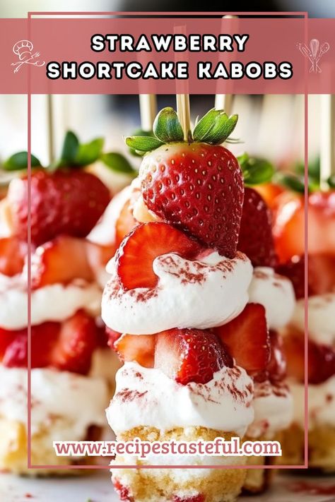 Delightful Strawberry Shortcake Kabobs are a fun and easy dessert perfect for summer gatherings. Juicy strawberries and fluffy angel food cake come together on skewers, making a delicious treat that's great for dipping in whipped cream or chocolate. Strawberry Shortcake Kabobs, Dessert Kabobs, Strawberry Whipped Cream, Chocolate Garnishes, Fruit Kabobs, Sweet Dips, Angel Cake, Quick Weeknight Meals, Angel Food Cake