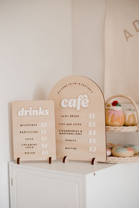 Kids Cafe Sign, Play Cafe Menu, Diy Kids Restaurant, Montessori Play Cafe, Kids Kitchen Playroom, Play Cafe Ideas, Play Kitchen Sign, Play Cafe Business, Kids Play Cafe