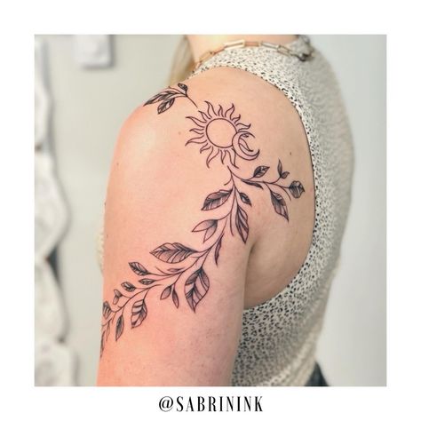 Vines for @blake.shyah 🌿 - scroll ➡️ for close up ✨ #vinestattoo #leavestattoo #finelinetattoo #naturetattoo #suntattoo #moontattoo #sunandmoontattoo Moon And Vines Tattoo, Sun And Moon Tattoo, Vine Tattoos, Sun Tattoo, Nature Tattoos, Fine Line Tattoos, S Tattoo, Sun And Moon, Moon Tattoo