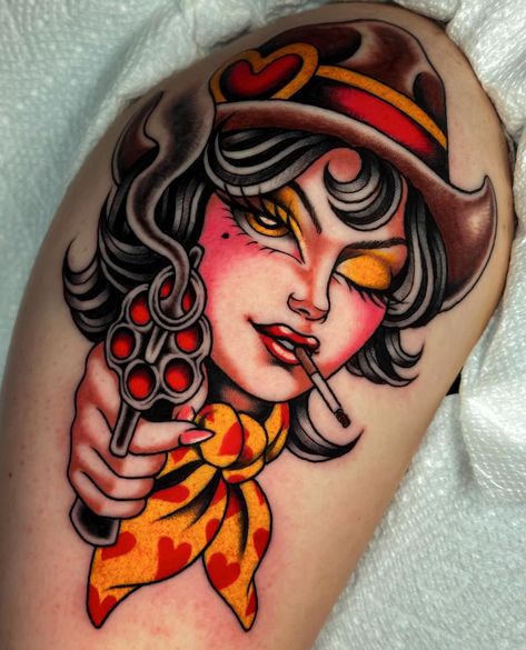 Amber | Pistol cowgirl for Gwen! Thank you so much Gwen for letting me tattoo you! Done during my guest spot to @rainbowdemondenver You can now… | Instagram Lady Face Tattoos, Cowboy Head Tattoo, Traditional Valkyrie Tattoo, American Traditional Cowgirl Tattoo, Cowgirl Tattoos Traditional, Traditional Cowgirl Tattoo, Traditional Tattoo Indian, American Traditional Dagger, New School Tattoo Designs