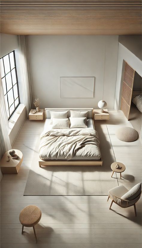 A minimalist bedroom viewed from above, featuring a low-profile bed with light bedding, clean lines, and uncluttered surfaces. Natural light fills the space, creating a calm and functional atmosphere. Bedroom From Above, Simple Clean Home, Light Bedding, Simple Rooms, Minimalism Room, Soft Decor, Bedroom Minimalist, Simple Layout, Modern Home Interior Design