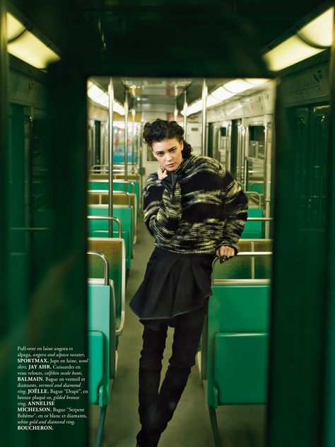 Diana Moldovan by Sonia Sieff for Madame Air France August/September 2013 Green Editorial, Diana Moldovan, City Shoot, Subway Train, Estilo Rock, U Bahn, Fashion Photography Inspiration, Mode Casual, Street Fashion Photography