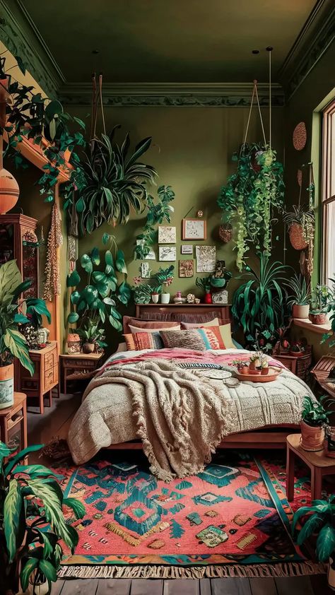 22+ Green Boho Bedroom Ideas for Your Sanctuary 6 Bedroom Ideas Green And Gold, Forest Green Boho Bedroom, Bedroom Orange And Green, Jungle Bedroom Ideas For Adults, Bedroom With Green Walls, Green And Orange Bedroom, Green Boho Bedroom Ideas, Olive Green Rooms, Colorful Eclectic Bedroom