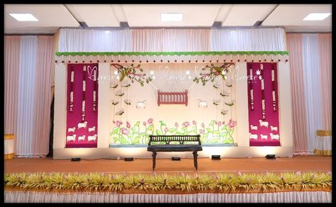 Backdrop Flex Design, South Indian Baby Shower Function, Indian Baby Shower Decorations, Leaf Decor Wedding, Naming Ceremony Decoration, Indian Baby Showers, Reception Stage Decor, Flex Design, Indian Baby