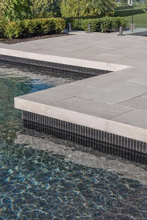 Amber Interiors Pool, Pool Deck Inspiration, Modern Pool Decking, Infinity Pool Tile Ideas, Modern Pool Coping Ideas, Pool Tiles And Coping, Pool Coping Ideas Modern, Pool Waterline Tile Ideas 2023, Modern Pool Finishes