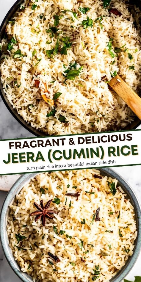 Super soft and fluffy, this easy cumin rice is loaded with warm spices. Served as a side, it's the perfect Indian rice dish. Cumin And Cashew Yogurt Rice, Indian Style Rice Recipe, Indian Rice Pilaf, Arab Side Dishes, Spice Rice Recipes, Rice For Curry, Rice With Curry Recipe, Indian Curry Rice, India Food Recipes Indian Dishes