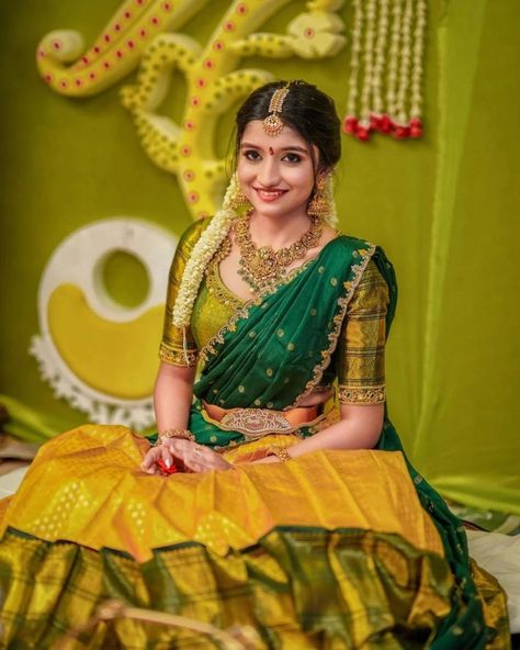 Half Saree Function, Haldi Outfits, Latest Bridal Blouse Designs, Haldi Outfit, Bridal Sarees South Indian, Half Saree Lehenga, New Saree Blouse Designs, Lehenga Designs Simple, Wedding Saree Blouse Designs