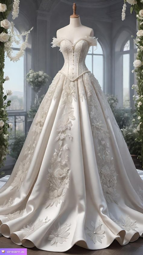 Royalty Dresses Queens, Victorian Inspired Dress Modern, 1500 Wedding Dresses, Silk Flower Dress, Fantasy Royal Wedding Dress, Fantasy Gowns White, Ancient Wedding Dress, Royalty Dresses Gowns, Victorian Era Wedding Dress