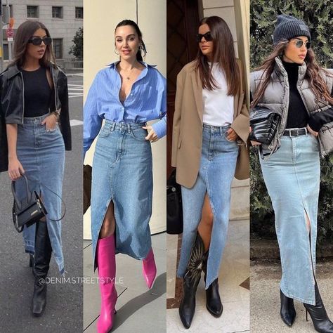 Denim Maxi Skirt Spring, Denim Skirt With Denim Shirt, Midi Denim Skirt Fall Outfit, How To Wear Denim Skirt, Denim Maxi Skirt Outfit Fall 2023, Maxi Jean Skirt Outfits Summer, Maxi Skirt Denim Outfit, Denim Maxi Skirt Street Style, Jeans Maxi Skirt Outfit