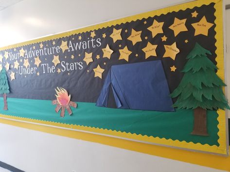 Camping Bulletin Boards For School, Camping Theme Bulletin Board Ideas, Camping Bulletin Board Ideas Preschool, Wilderness Bulletin Board Ideas, Camp Bulletin Board Ideas, Camping Bulletin Board Ideas, Tent Bulletin Board, Camping Theme Bulletin Boards, Adventure Awaits Bulletin Board