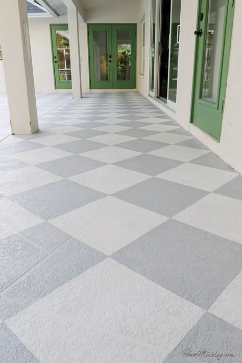 Painting Concrete Floors Outdoor, Painted Brick Patio Floor, Painted Back Porch Concrete, Painted Checkerboard Floor Porch, Painting A Concrete Patio, Painted Outdoor Patio, Checkerboard Painted Concrete, Checkerboard Patio Floor, Paint Patio Floor