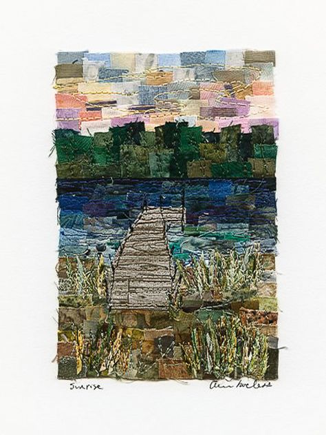 Sunrise Fabric Mosaic, Mosaic Quilt, Landscape Art Quilts, Impressionistic Art, Lake Scene, Landscape Quilt, Quilt Modernen, Fiber Art Quilts, Fabric Postcards