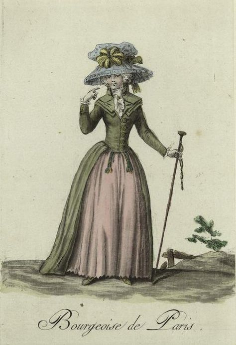 Redingote - French fashion plate 1790s. French Revolution Fashion, Late 18th Century Fashion, 1790s Fashion, 18th Century Hats, Istoria Modei, 1700 Fashion, 18th Century Portraits, Rococo Fashion, 18th Century Costume