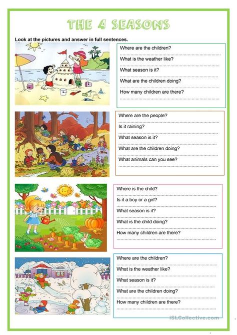 Esl Worksheets For Beginners, Seasons Lessons, Seasons Worksheets, Picture Comprehension, The 4 Seasons, Reading Comprehension Lessons, Grammar For Kids, Kindergarten Reading Worksheets, English Grammar Worksheets