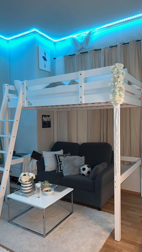 Cute Room Ideas Aesthetic Bunk Beds, Loft Bed With Couch Under, Ikea Stora Loft Bed Hack, Loft Room Decor Ideas, High Bed Ideas, Loft Bed Aesthetic Room, Bedroom Ideas Loft Bed, Loft Bed Bedroom Ideas, Loft Bed With Couch