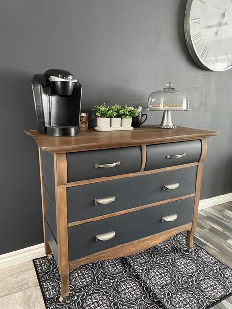 Gray And Wood Dresser, Coffee Dresser Bar, Black And Stained Dresser, Dresser To Coffee Bar, Dresser Coffee Bar, Dresser Remodel, Stained Dresser, Dresser Bar, Upcycle Dresser