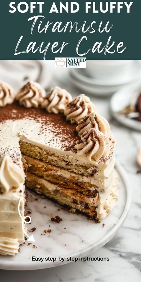 Dive into the delicious world of tiramisu cake! This easy-to-follow recipe layers espresso-soaked sponge and mascarpone frosting for a mouthwatering treat. Perfect for birthdays or any special occasion! Mascarpone Coffee Cake, Tiramisu Coffee Cake, Tiramisu Layer Cake, Chocolate Tiramisu Cake, Espresso Dessert Recipes, Coffee Birthday Cake, Tiramisu Birthday Cake, Tiramisu Filling, Layered Cake Recipe