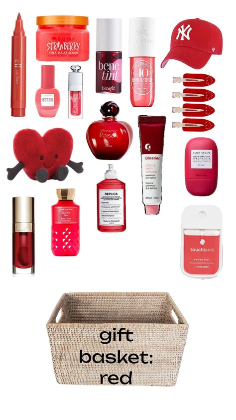 gift basket inspo! #red #giftbasket #inspo #trend #aesthetic Red Gift Basket Ideas For Best Friend, Burgundy Basket Ideas, Red Birthday Gifts, What To Put In Baskets For Decor Bedroom, Red Birthday Basket, Red Burr Basket, Red Basket Gift Ideas, Valentines Baskets Ideas, Gift Basket Ideas Aesthetic