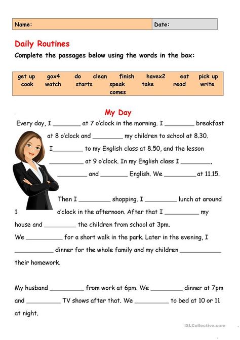 Daily Routines - English ESL Worksheets for distance learning and physical classrooms Esl Daily Routine Worksheets, Esl Daily Routines, Daily Routine For Adults, Teaching Adults English, English Worksheets For Beginners, Elementary English Worksheets, Daily Routine Activities Worksheets, English For Adults Beginners, My Daily Routine Worksheet