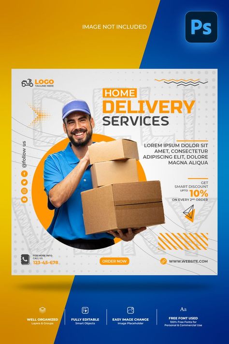 Fast home delivery service marketing and promotion social media PSD editable post design template. Well-organized all layers and groups, designed in Adobe Photoshop with free commercial fonts used. Marketing Social Media Post, Logistics Design, Travel Website Design, Magazine Design Cover, Service Marketing, Free Commercial Fonts, Social Media Advertising Design, Social Media Post Template, Flyer Design Inspiration