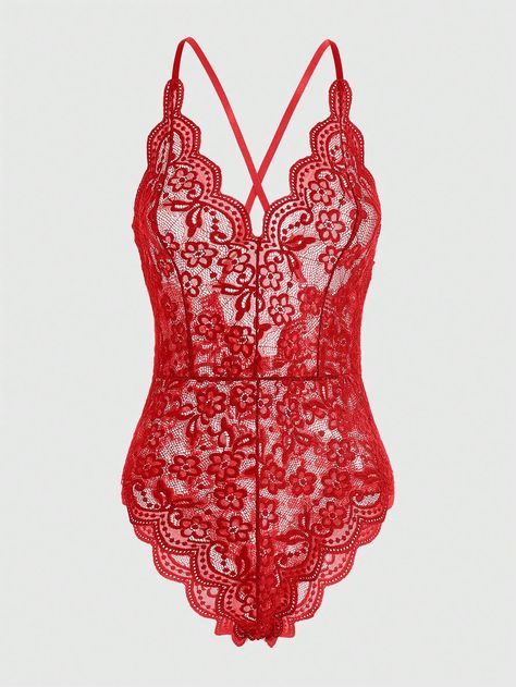 Red Sexy Collar  Lace Floral Teddies Embellished Slight Stretch  Women Sexy Lingerie & Costumes Red Lace Bodysuit, Lingerie Costume, Bodysuit Lingerie, Red Lingerie, Lace Bodysuit, Red Lace, Lingerie Set, Fashion Illustration, Lace Trim