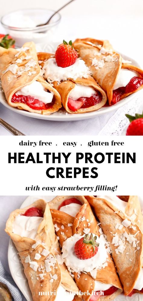 Learn how to make a healthy protein crepes recipe that is easy, dairy free, gluten free, and packed with protein from vegan (plant-based) protein powder and egg whites. With a delicious strawberry filling and coconut whipped cream you’ll make this again and again! Protein Powder Crepes, Protein Crepes Healthy, Easy Egg White Recipes, Healthy Crepes Recipe, Healthy Crepe Filling, High Protein Crepes, Healthy Crepe Recipe, Protein Crepes Recipe, Healthy Crepe Recipes