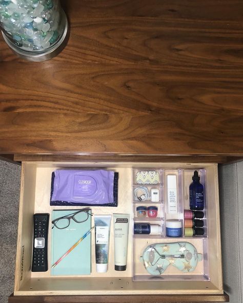 Nightstand Drawer Organization, Bedside Table Organization, Nightstand Drawer, Junk Drawer Organizing, Bedroom Nook, Nightstand Organization, Bedside Drawers, Drawer Organization, Diy Nightstand