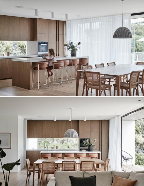 This Home By The Coast Was Inspired By Mid-Century Modern Architecture And Palm Springs Australian Kitchen Design, Modern Australian Home, Japandi House, Modern Wood Kitchen, Light Oak Floors, Light Wood Kitchens, Open Plan Kitchen Dining Living, Open Kitchen And Living Room, Walnut Kitchen